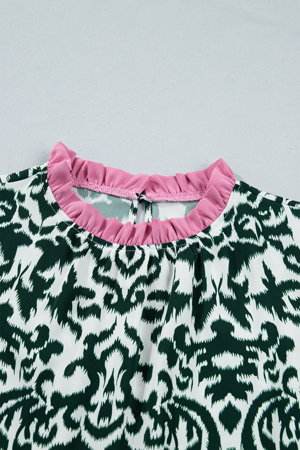 Green Damask Print Ruffled Color Block Detail Half Sleeve Blouse