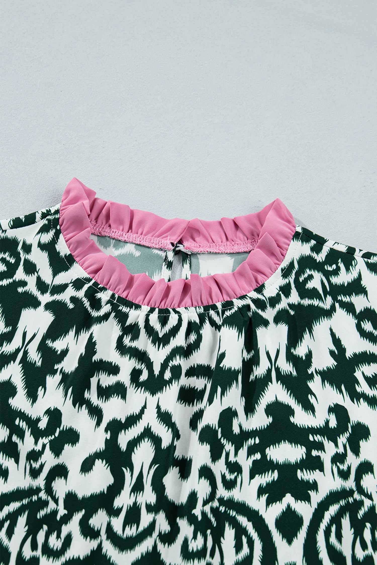 Green Damask Print Ruffled Color Block Detail Half Sleeve Blouse