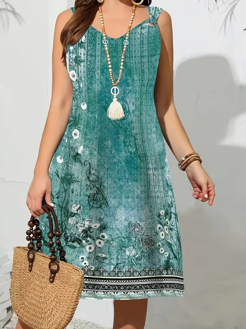 Plus Size Boho Floral Print Sleeveless Midi Dress – Women's Vintage Ethnic Border Dress