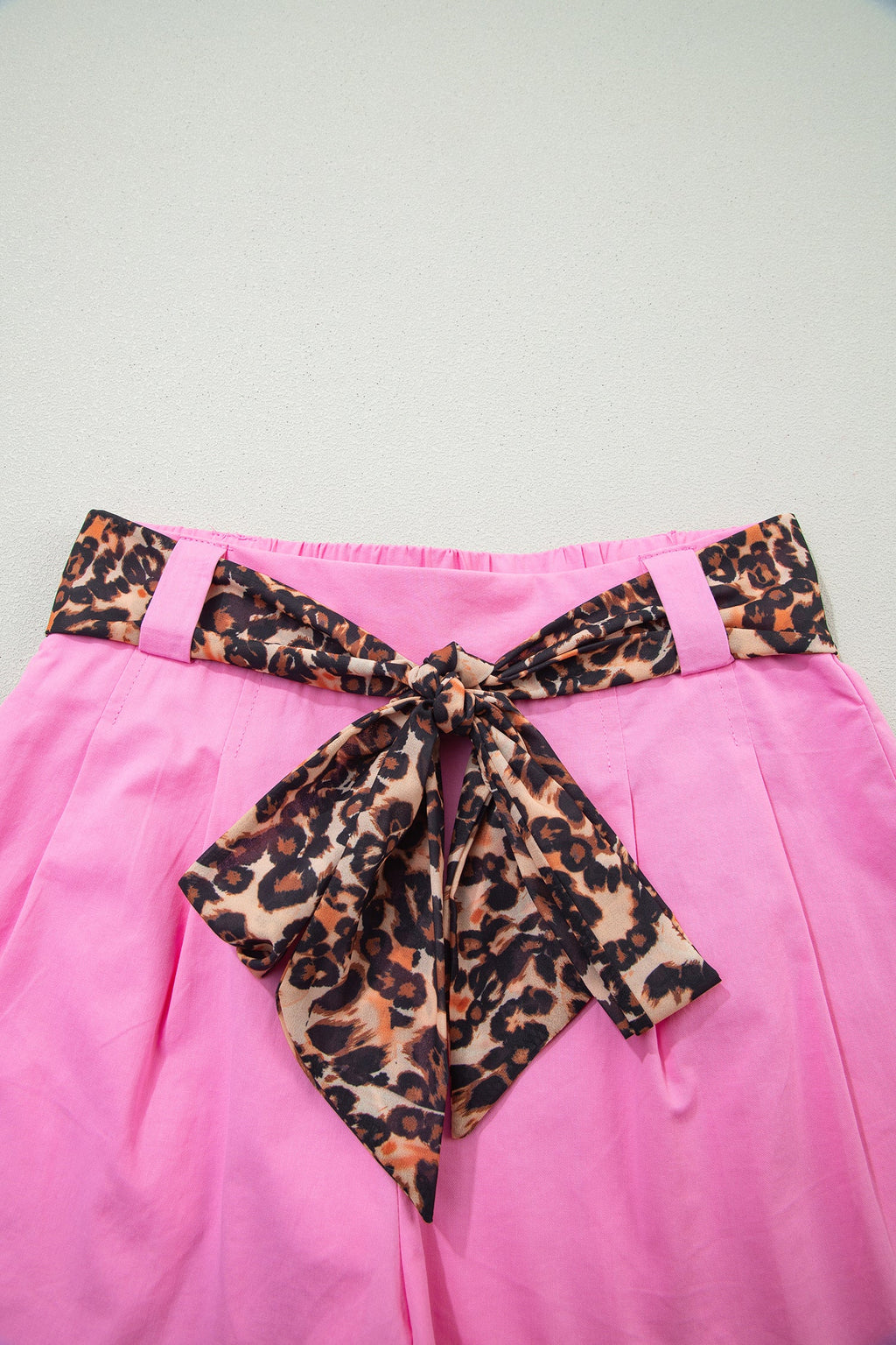 Bright Pink Leopard Contrast Sash Belt Pleated Wide Leg Shorts