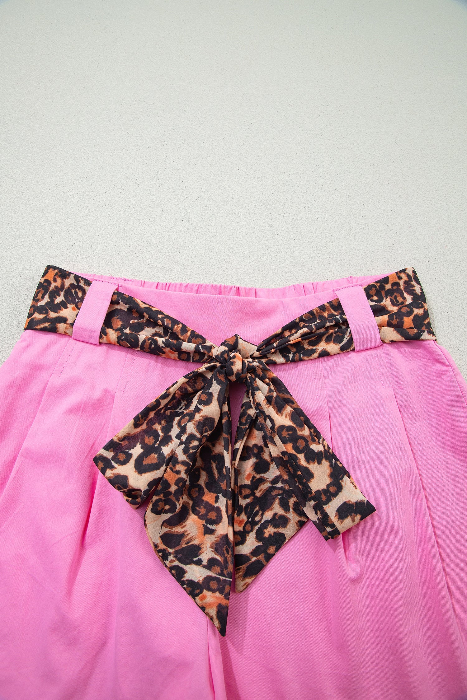 Bright Pink Leopard Contrast Sash Belt Pleated Wide Leg Shorts