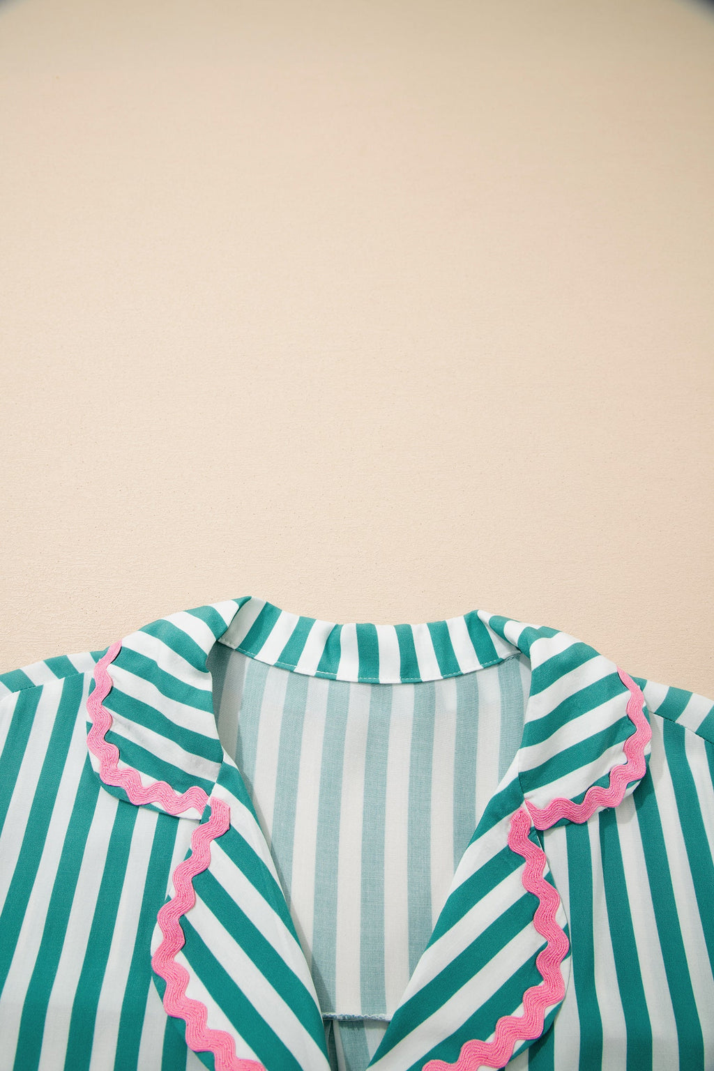 Green Stripe Contrast Ricrac Trim Long Sleeve Shirt Drawstring Ruffled Pajama Short Set