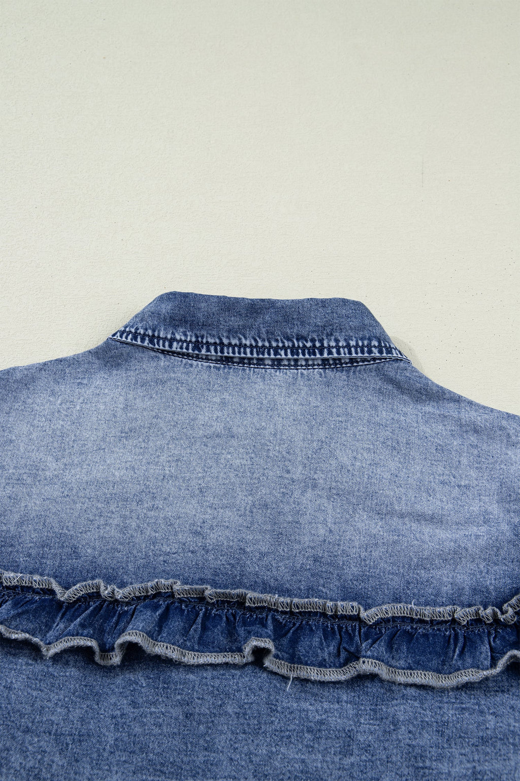 Dusk Blue Vintage Wash Denim Ruffle Detail Button Down Shirt