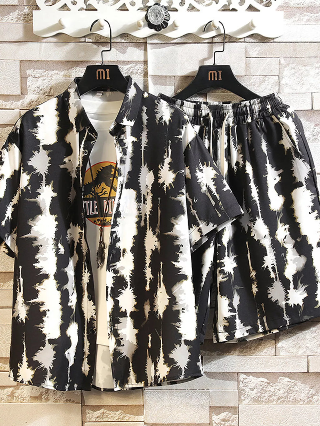 Men's Printed Button Up Shirt and Shorts Set
