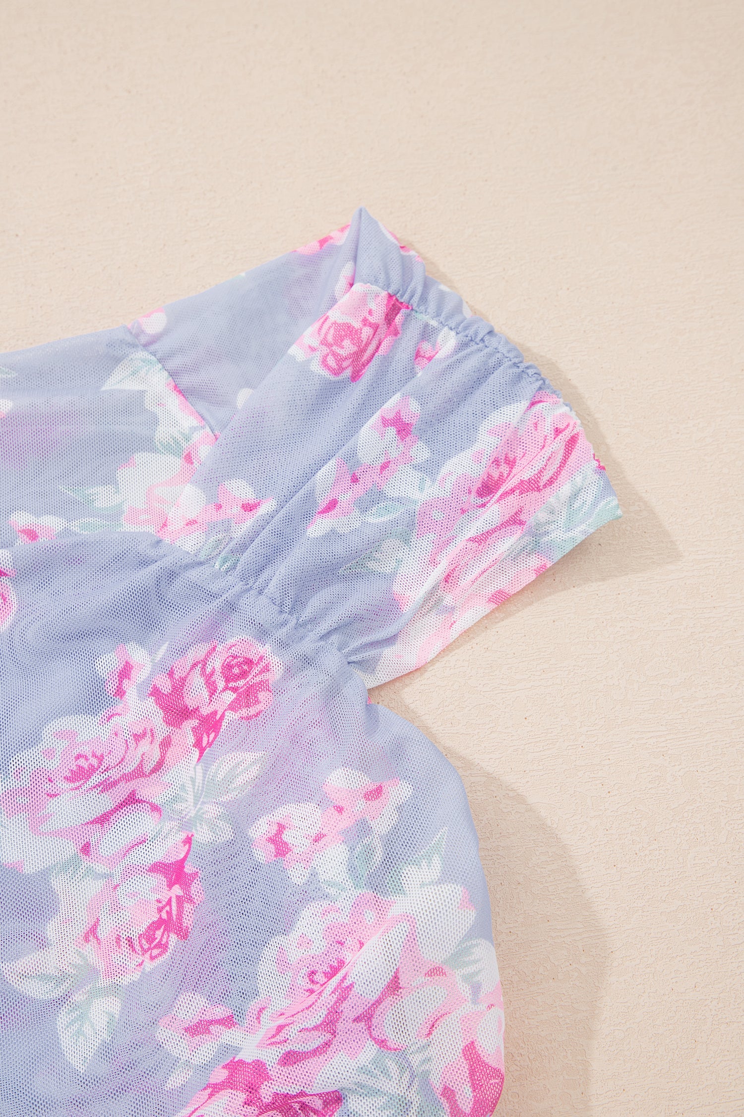 Sky Blue Square Neck Cap Sleeve Ruched Floral Mesh Top