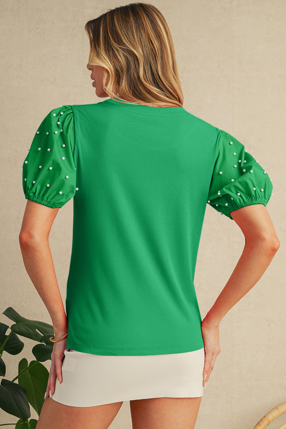 Black Pearl Beaded Puff Sleeve Ribbed Top
