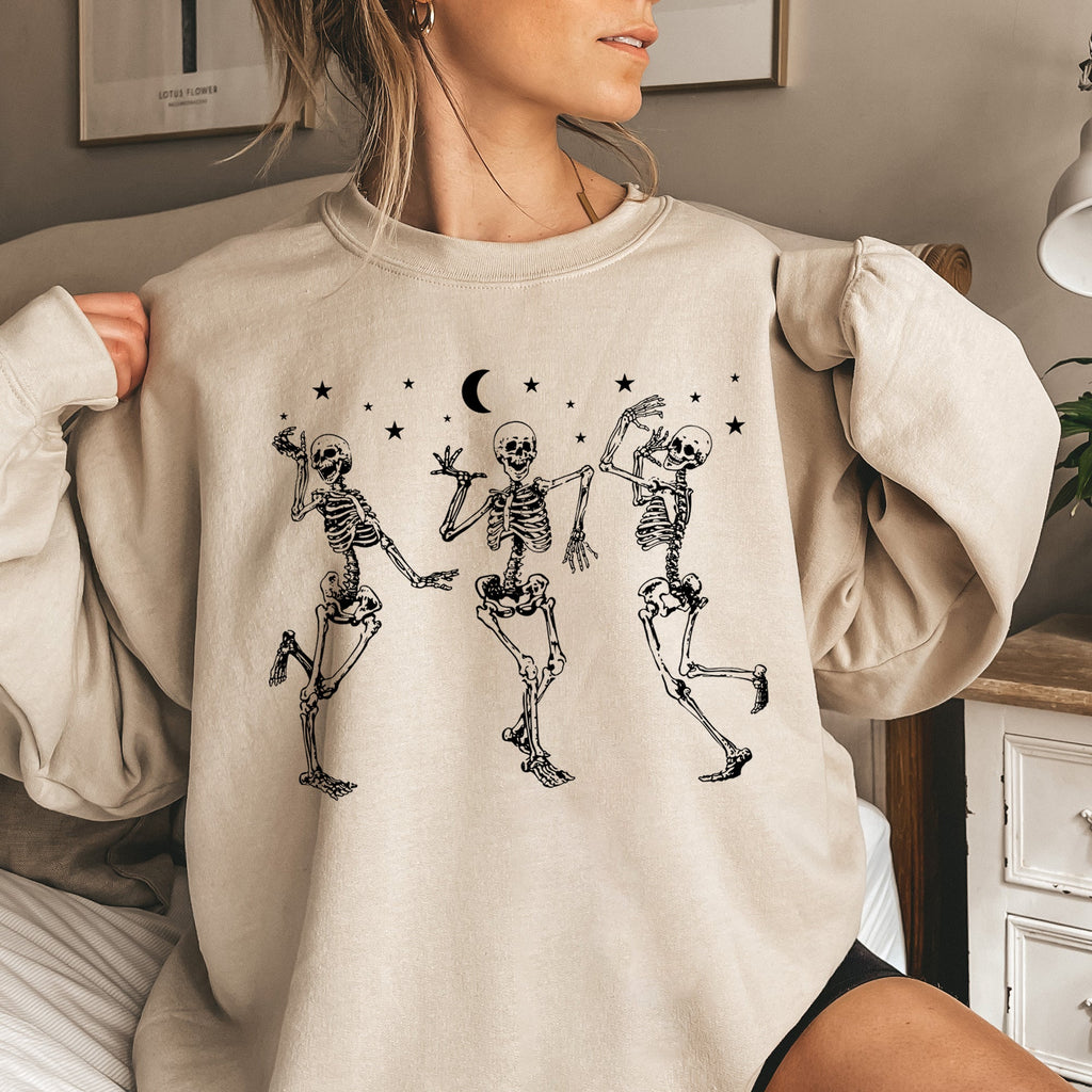 Dancing Skeletons Moonlit Halloween Night Celebration Silhouette Scene Sweatshirt