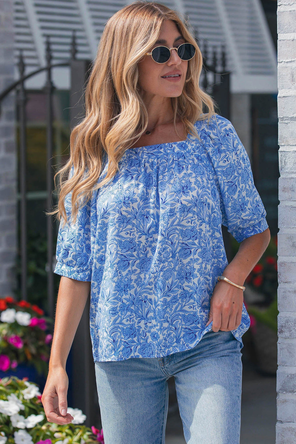 Sky Blue Square Neck Short Puff Sleeve Pleated Floral Blouse