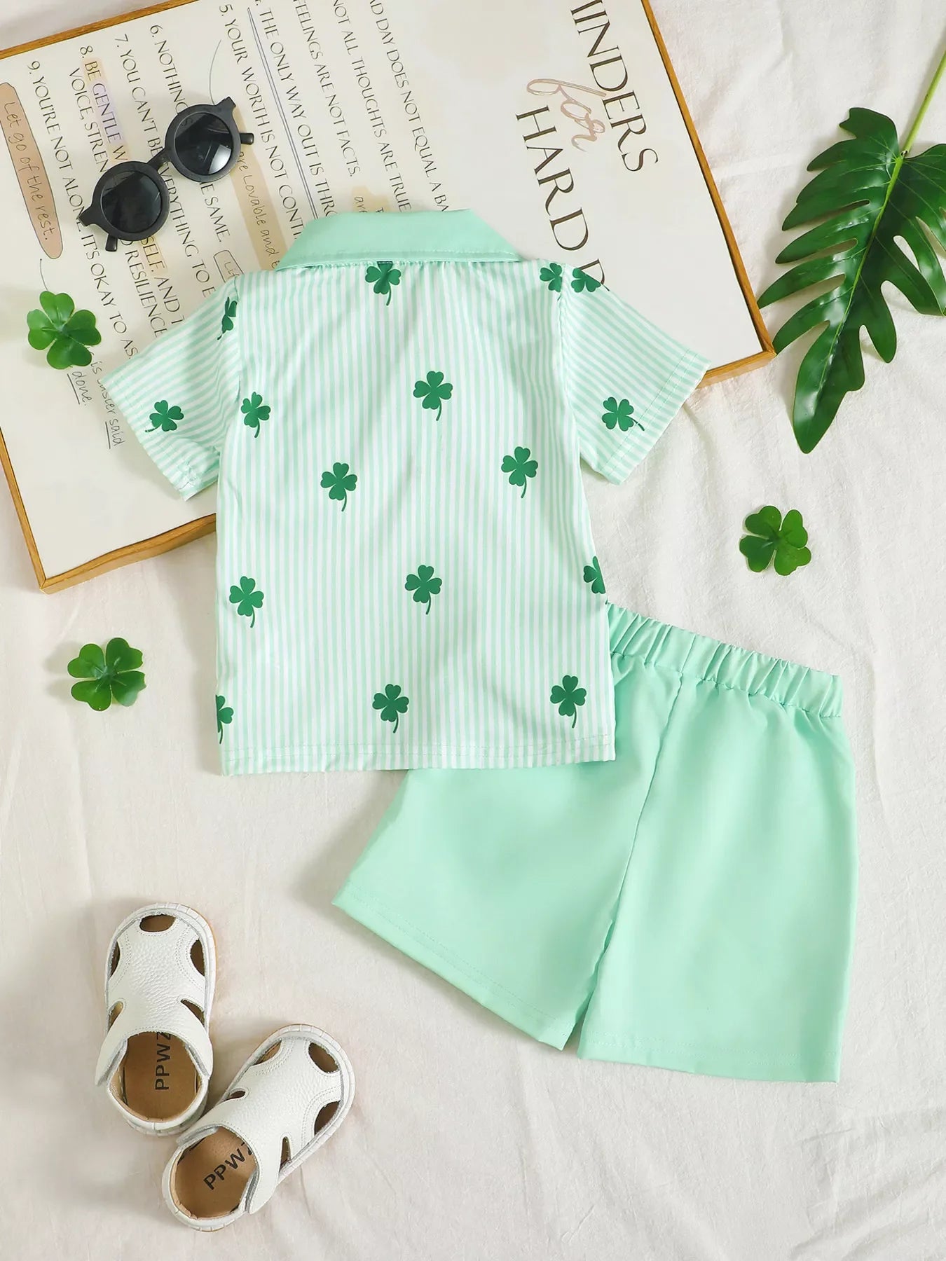 Children's Lucky Clover Print Striped Shirt & Shorts Set