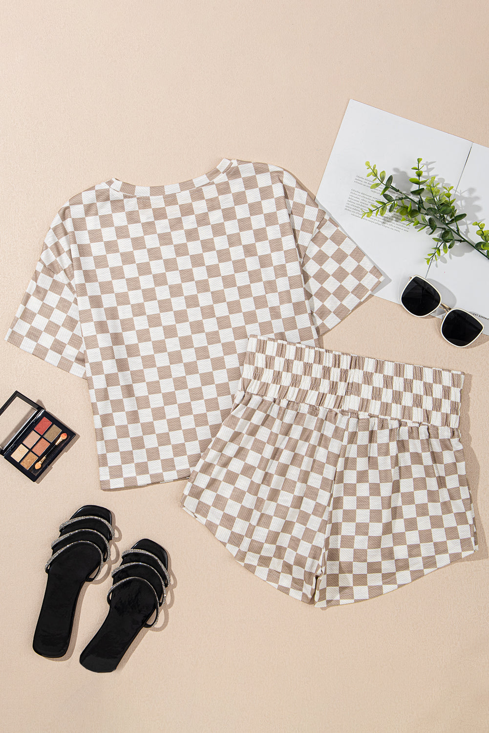 Brown Checkerboard T Shirt and High Waist Skorts Set