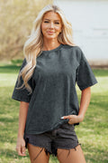 Dark Grey Solid Color Cotton Mineral Washed Oversize Tee