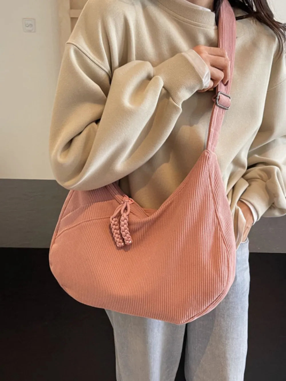 Ribbed Adjustable Strap Shoulder Bag