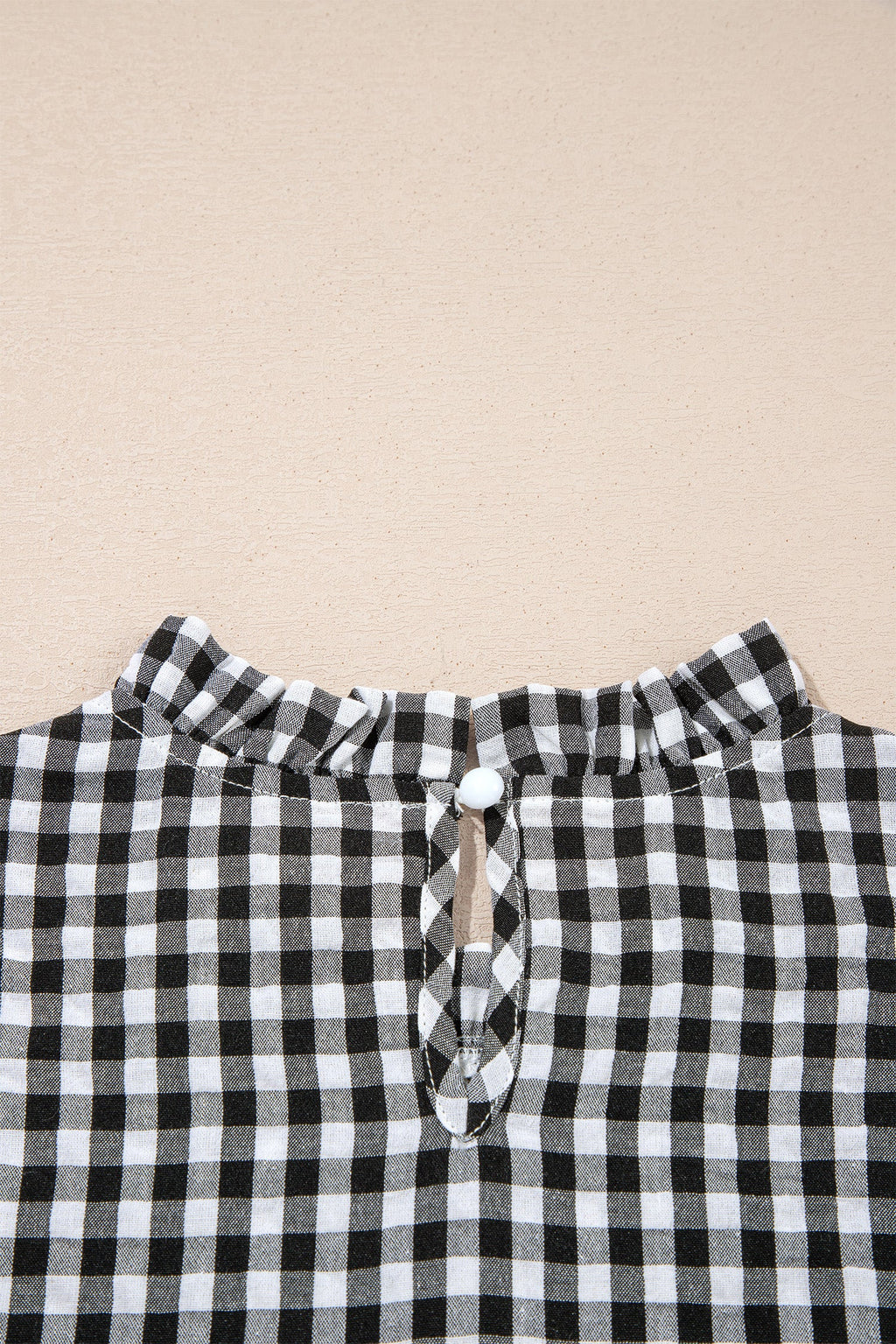 Black Plaid Short Puff Sleeve Frilled Neck Blouse