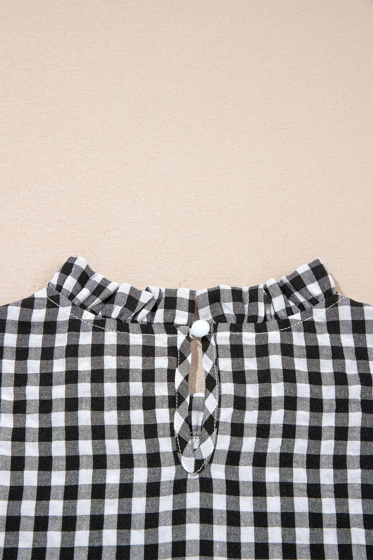 Black Plaid Short Puff Sleeve Frilled Neck Blouse