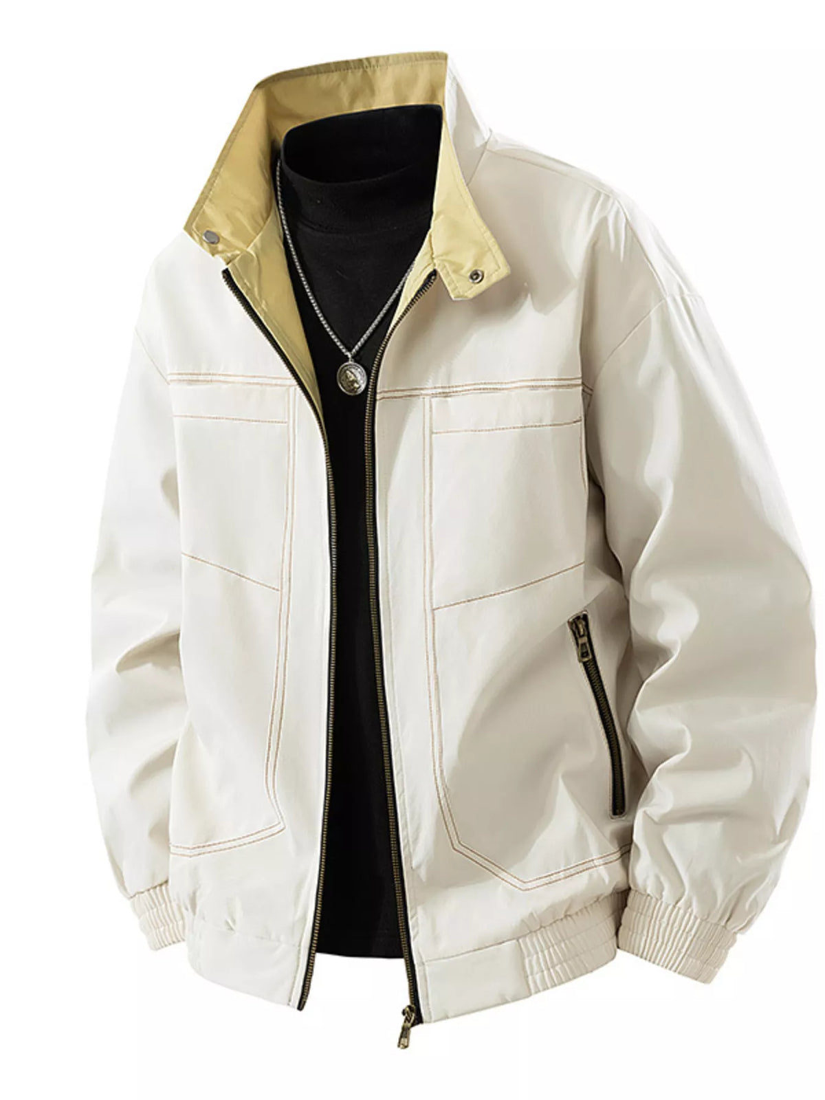 Men's Plus Size Zip Up Contrast Collar Casual Jacket