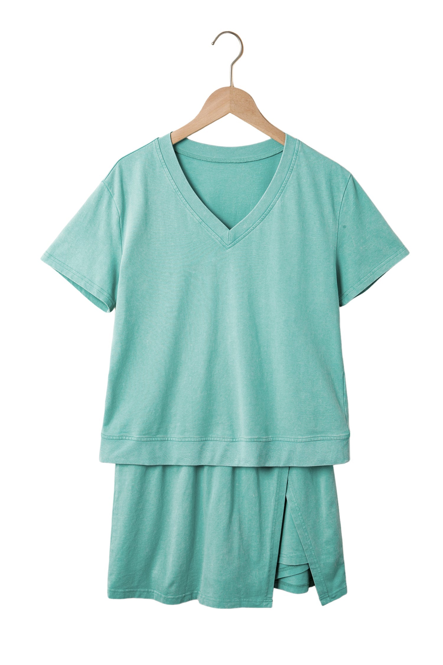Mint Green Mineral Wash V Neck Tee Matching Skort Set