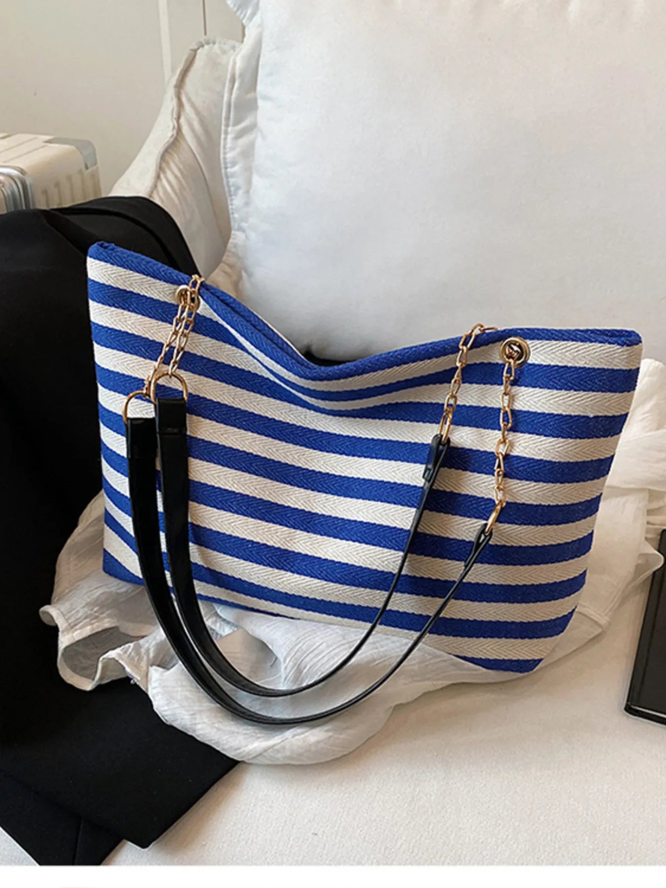 Striped Shoulder Bag with Chain Detail