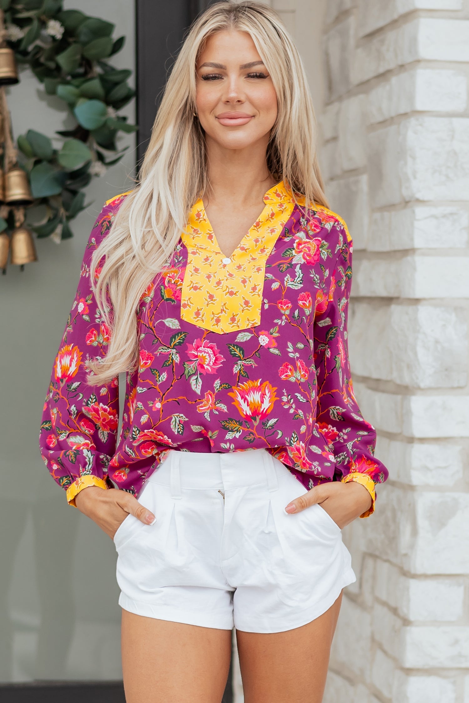 Rose Contrast Placket Split V Neck Floral Blouse