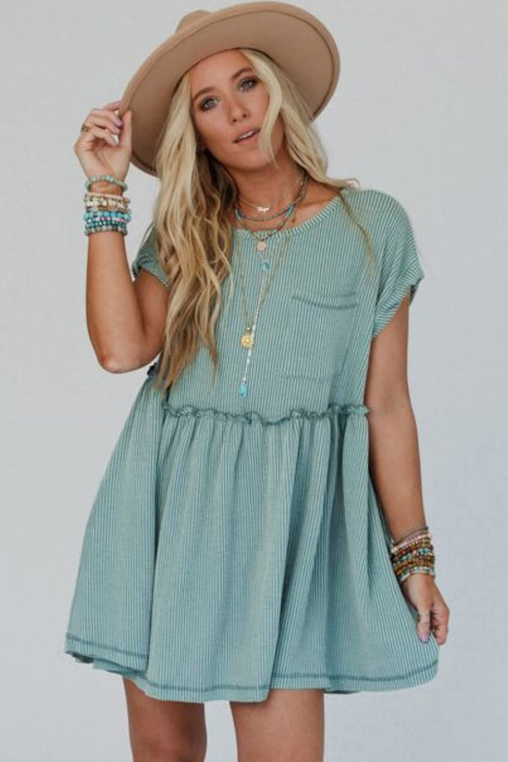 Canton Corded Knit Textured Patched Pocket Frilled Swing Mini Dress with Pockets
