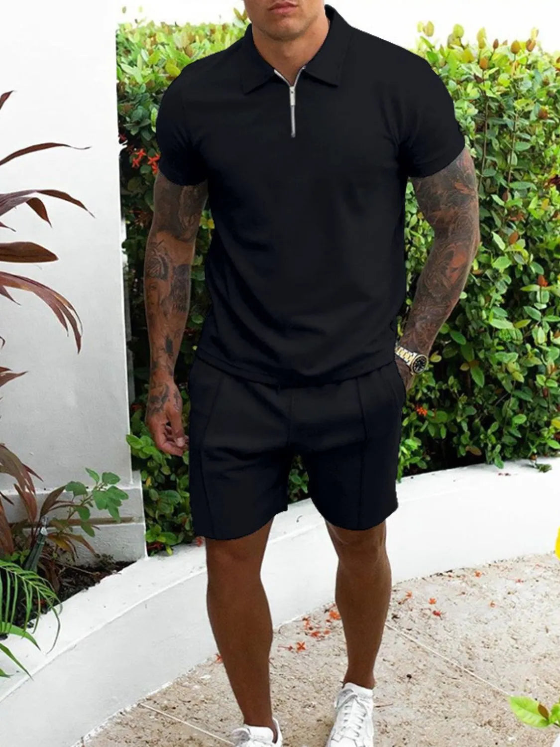 Men's Full Size Collared Neck Short Sleeve Top and Shorts Set Plus Size