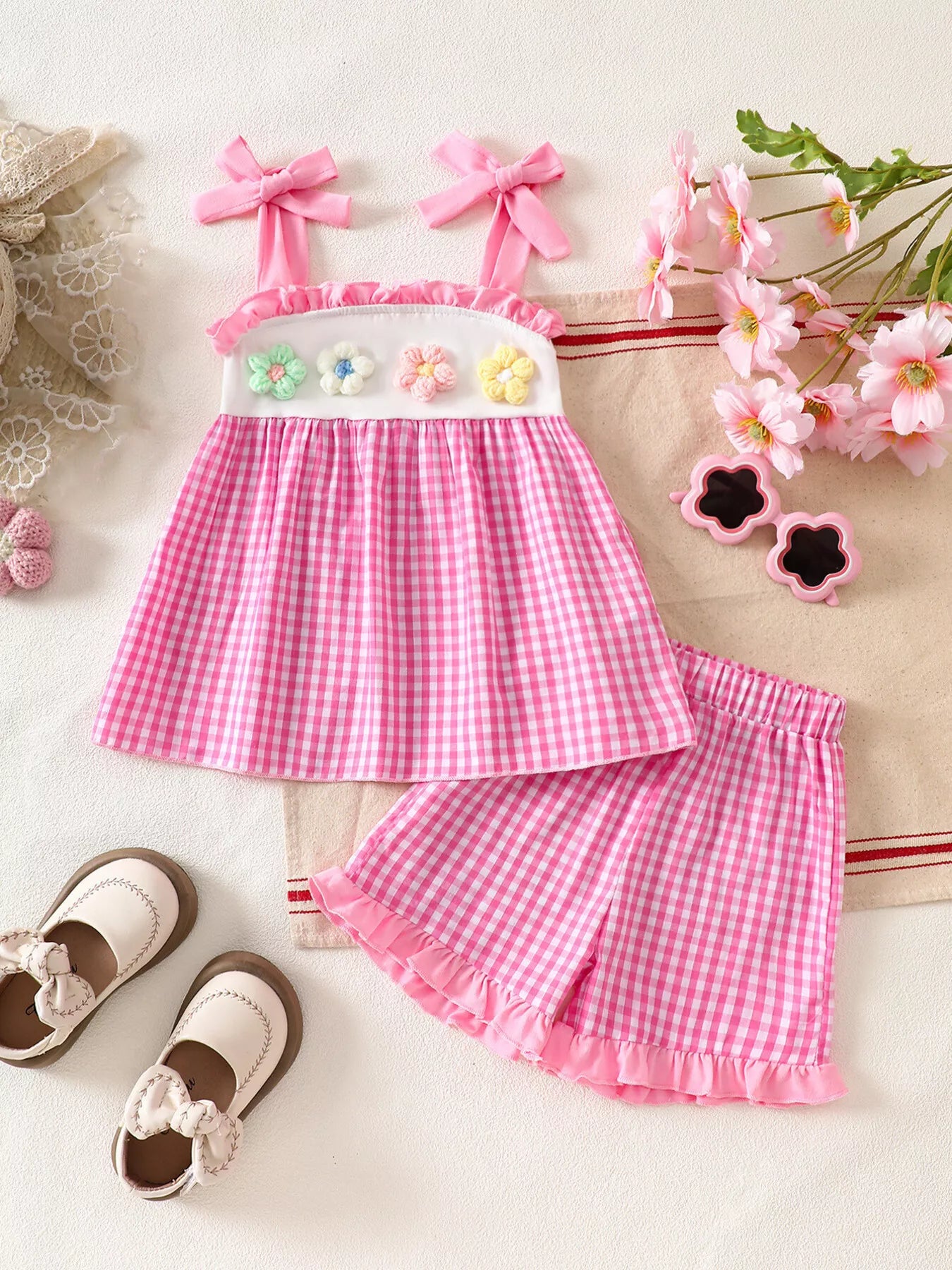 Children's Floral Applique Gingham Cami Top & Shorts Set