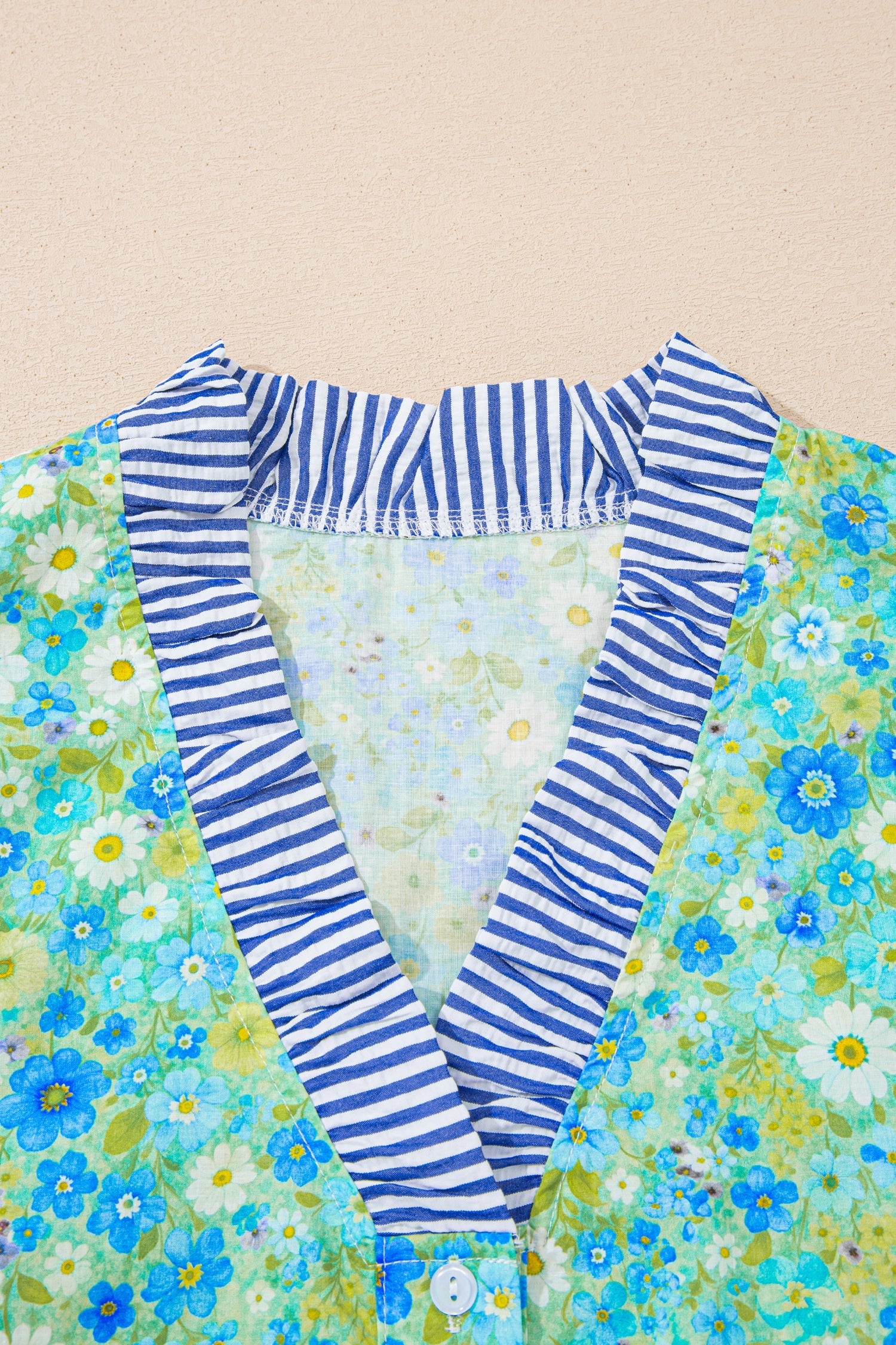 Green Floral Painting Print Striped Patchwork Flutter Sleeve V Neck Blouse