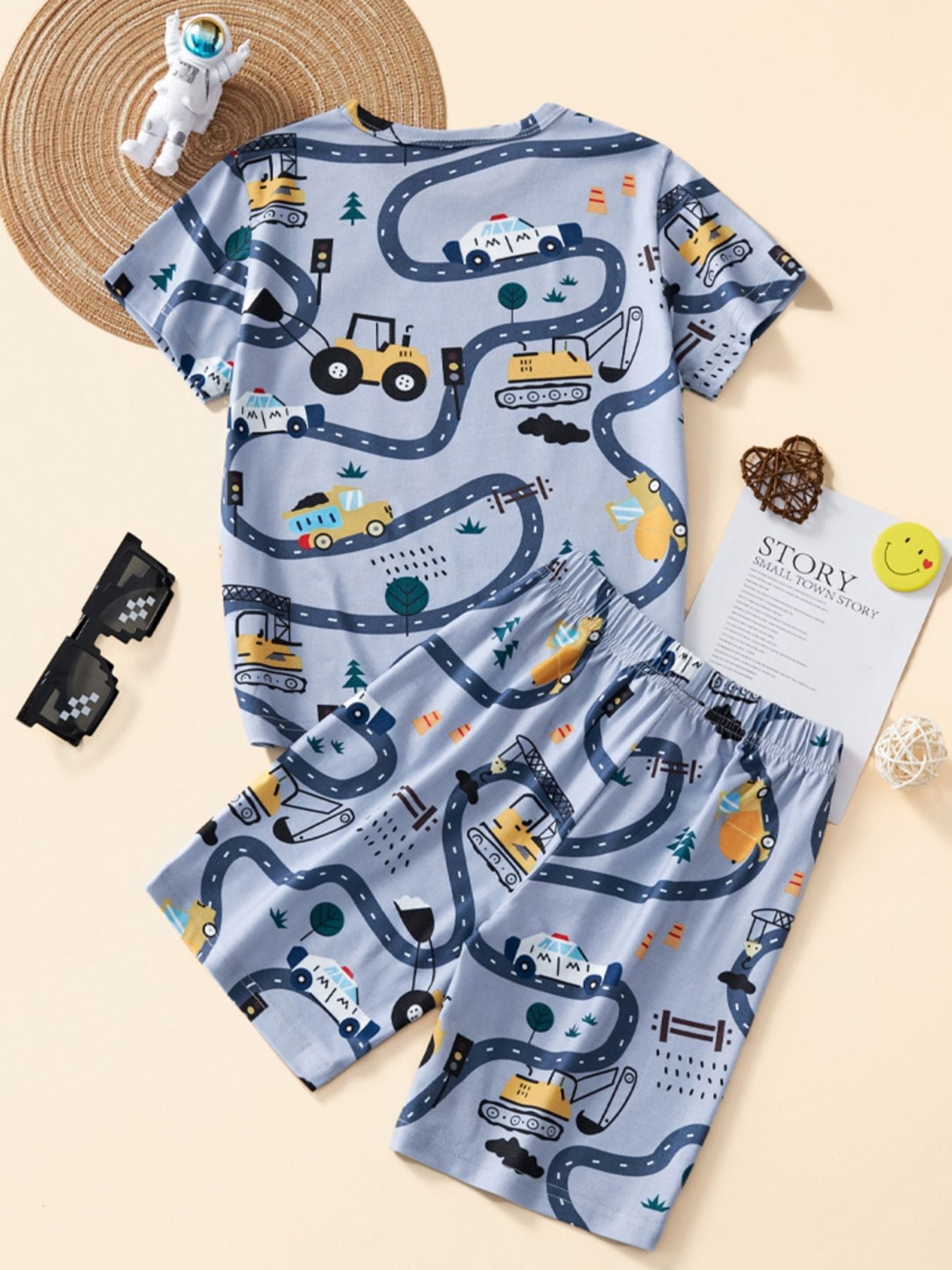 Children's Construction Vehicle Print Top and Shorts Set