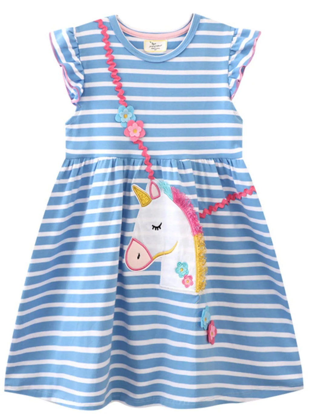 Children's Striped Unicorn Ruffle Sleeve Dress