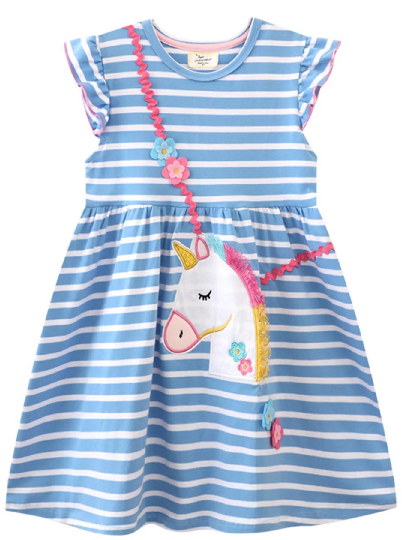 Children's Striped Unicorn Ruffle Sleeve Dress