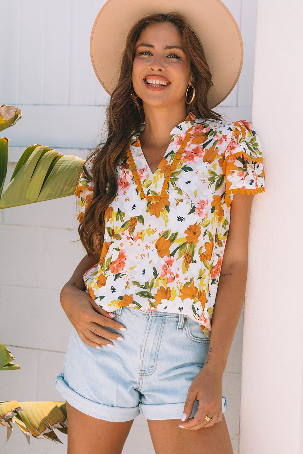 Russet Orange Ruffled V Neck Scalloped Short Sleeve Floral Blouse
