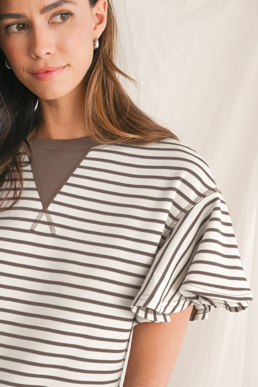 Bright Green Striped Ruffle Sleeve Round Neck Top