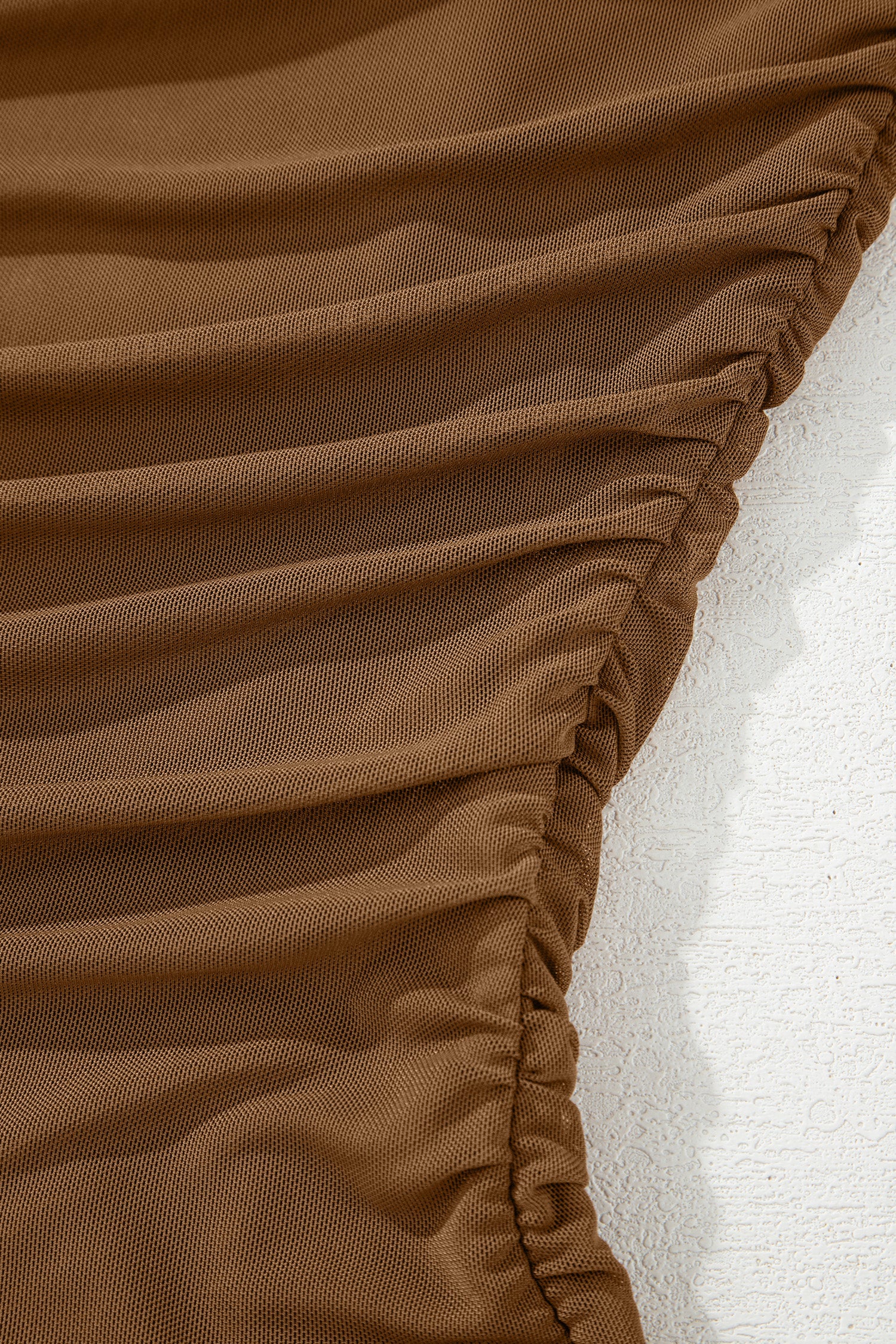 Coffee Sheer Mesh Patchwork High Neck Long Sleeve Top