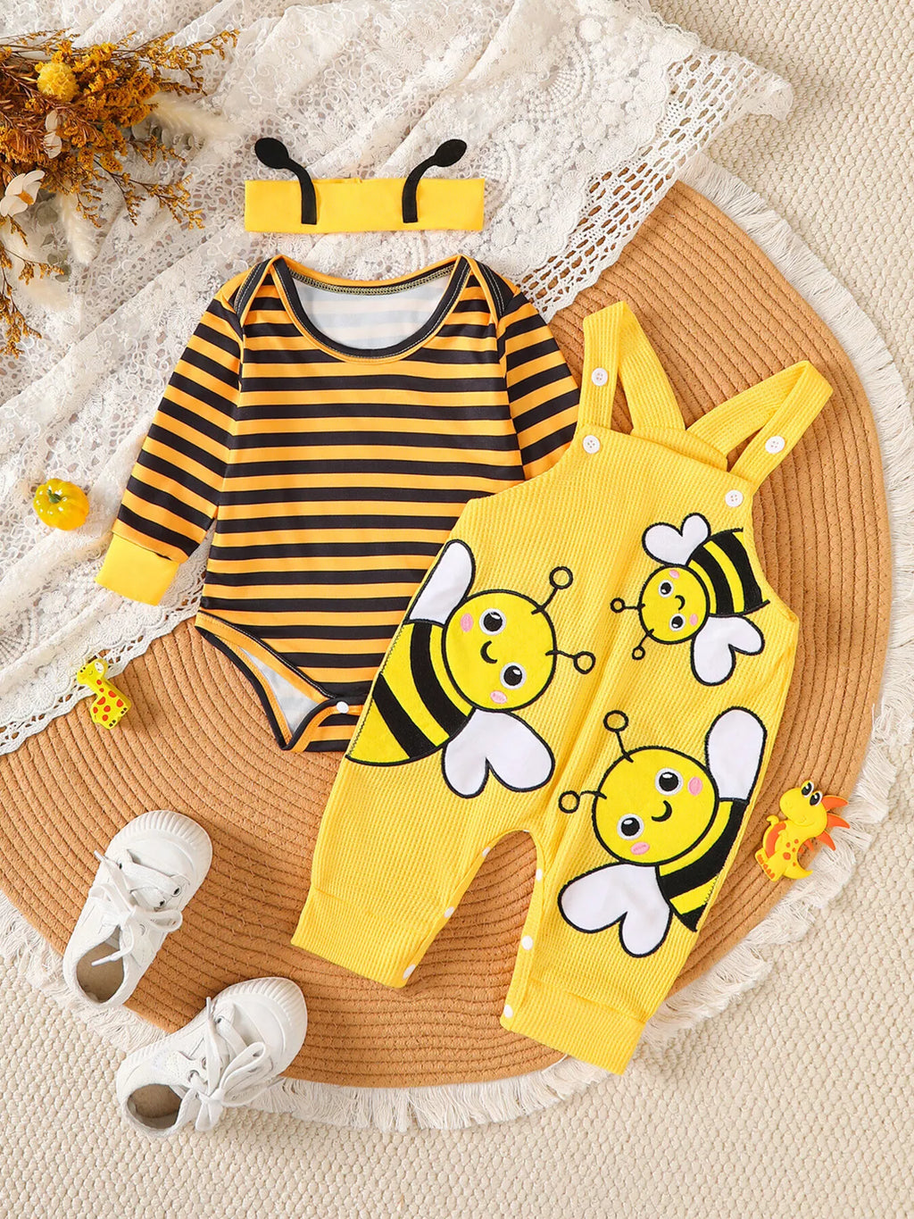Children's Striped Bodysuit & Overalls & Headband Set