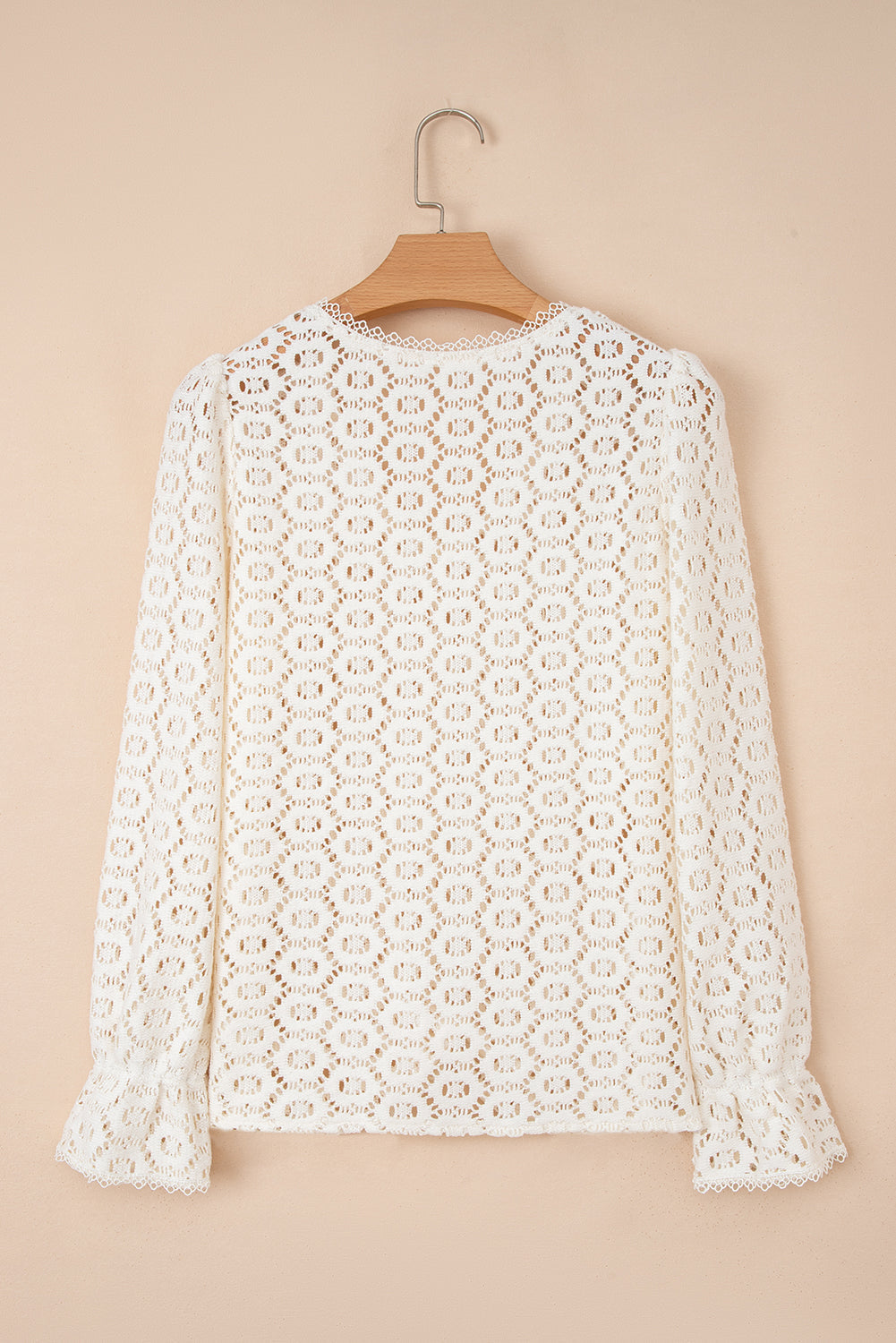 Beige Flower Lace V Neck Ruffled Sleeve Top