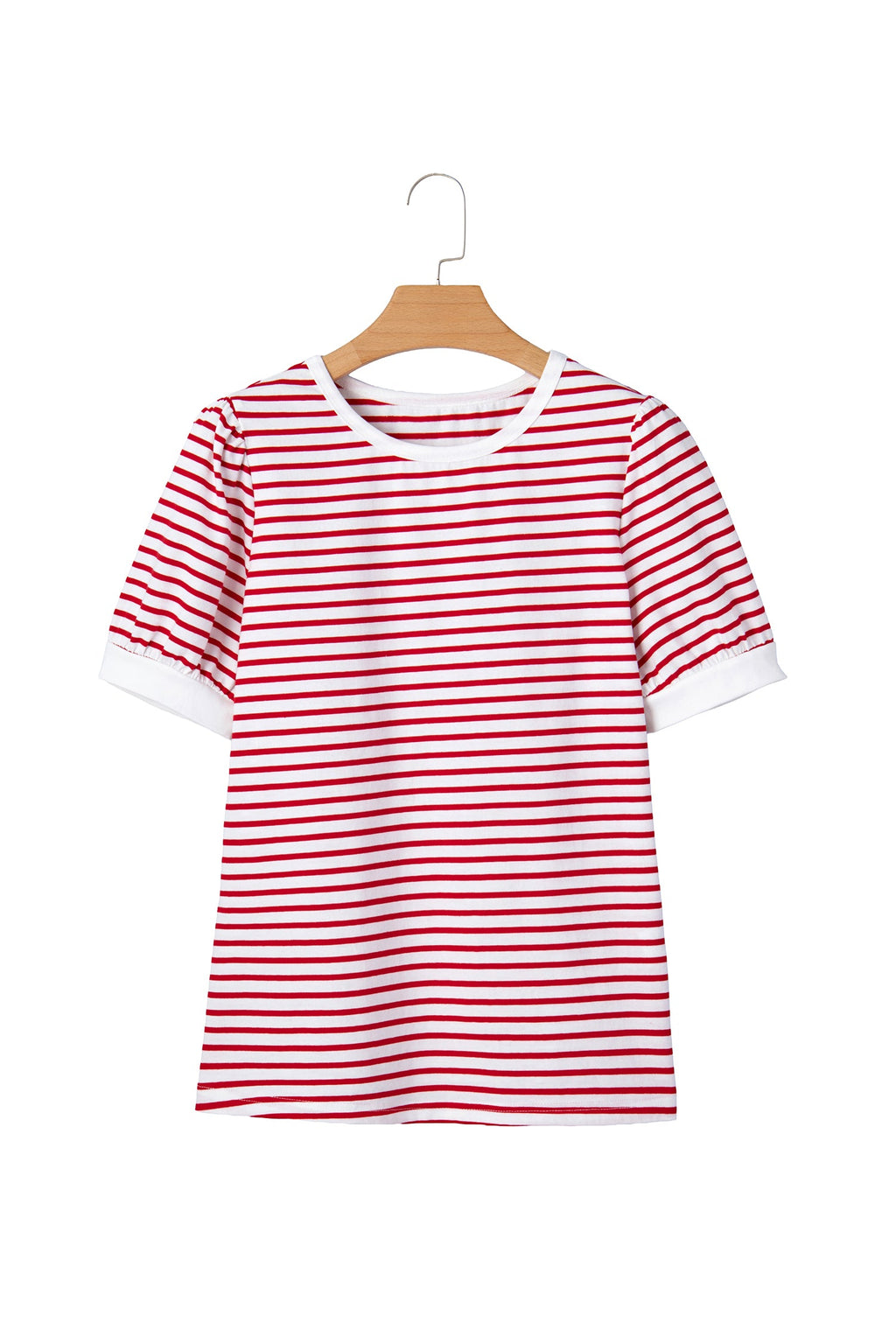 Red Stripe Contrast Trim Round Neck Short Puff Sleeve T Shirt