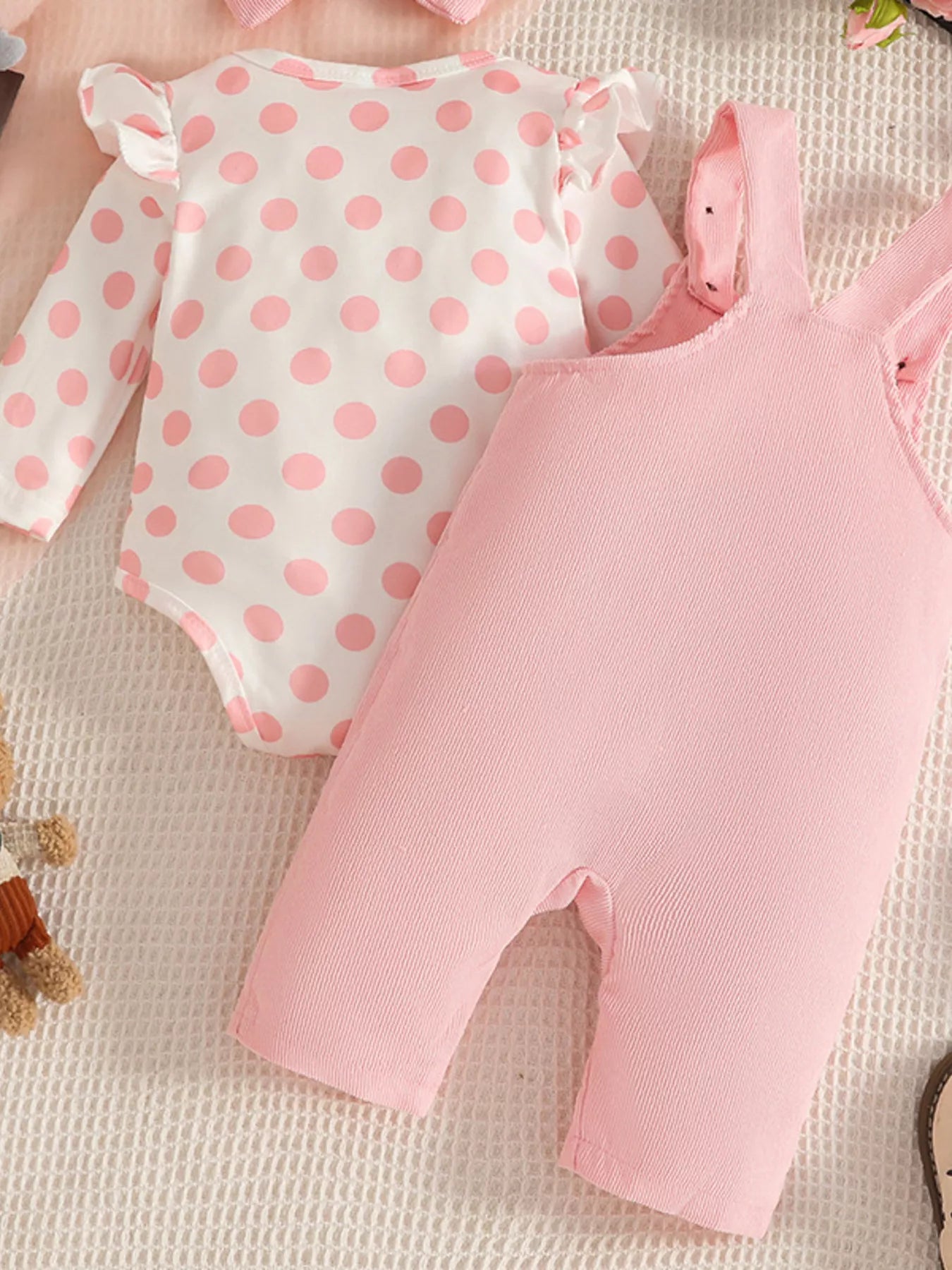 Children's Polka Dot Bodysuit and Overalls Set with Headband