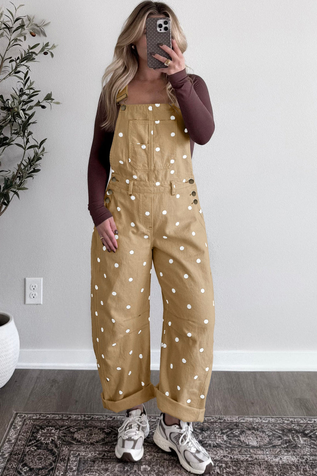 Jet Stream Polka Dot Print Bib Pocket Denim Barrel Overalls Jumpsuit