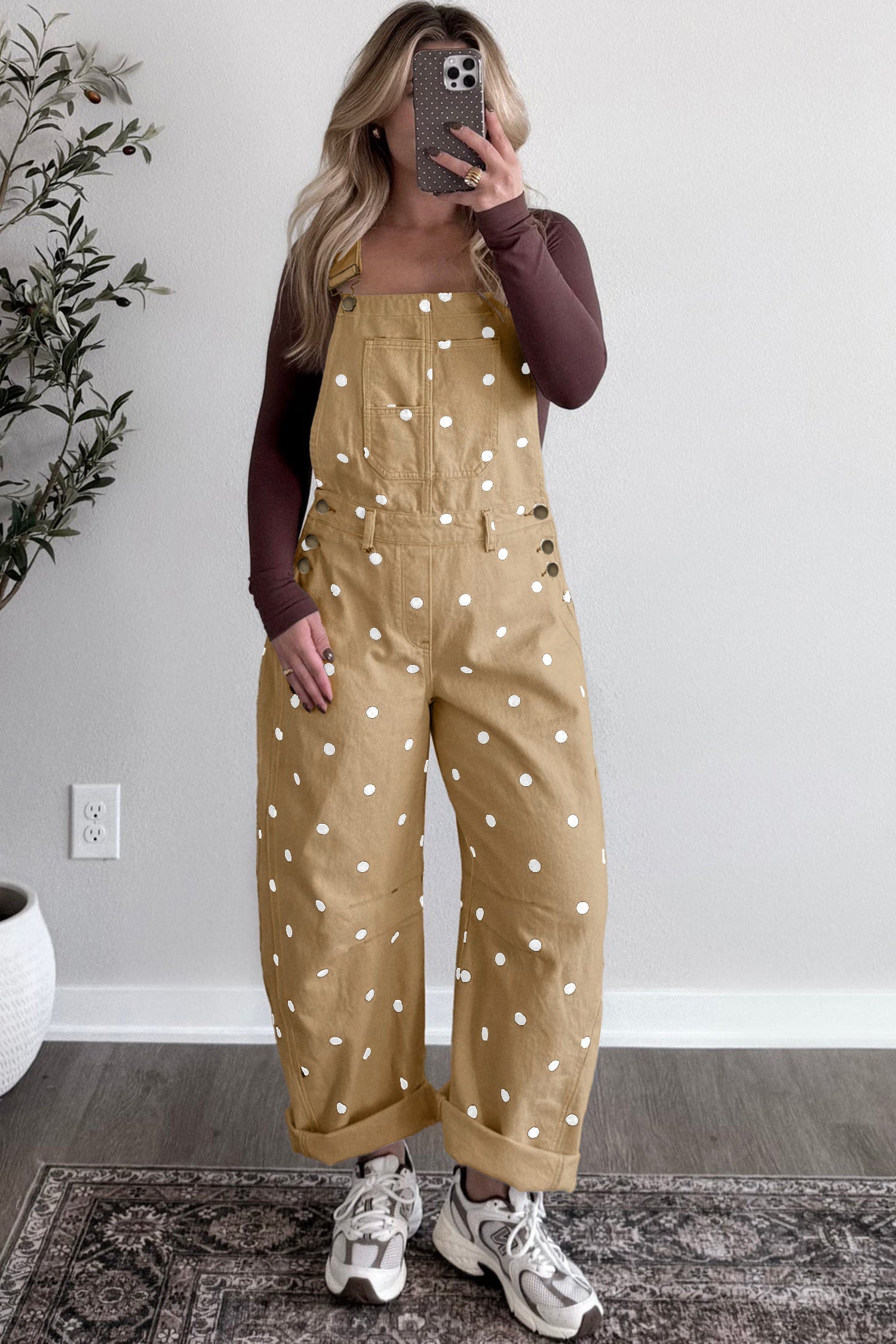 Jet Stream Polka Dot Print Bib Pocket Denim Barrel Overalls Jumpsuit