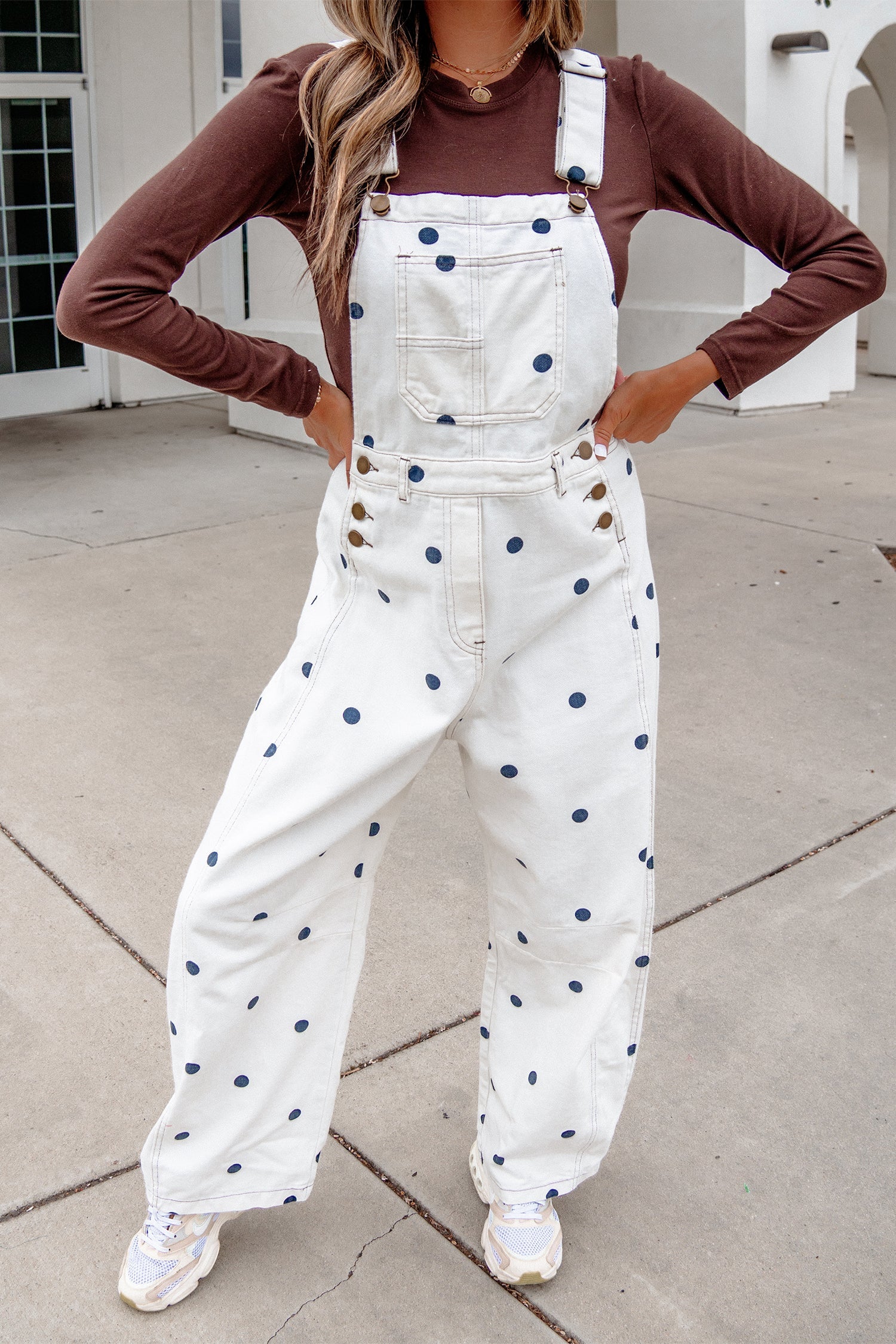 Jet Stream Polka Dot Print Bib Pocket Denim Barrel Overalls Jumpsuit
