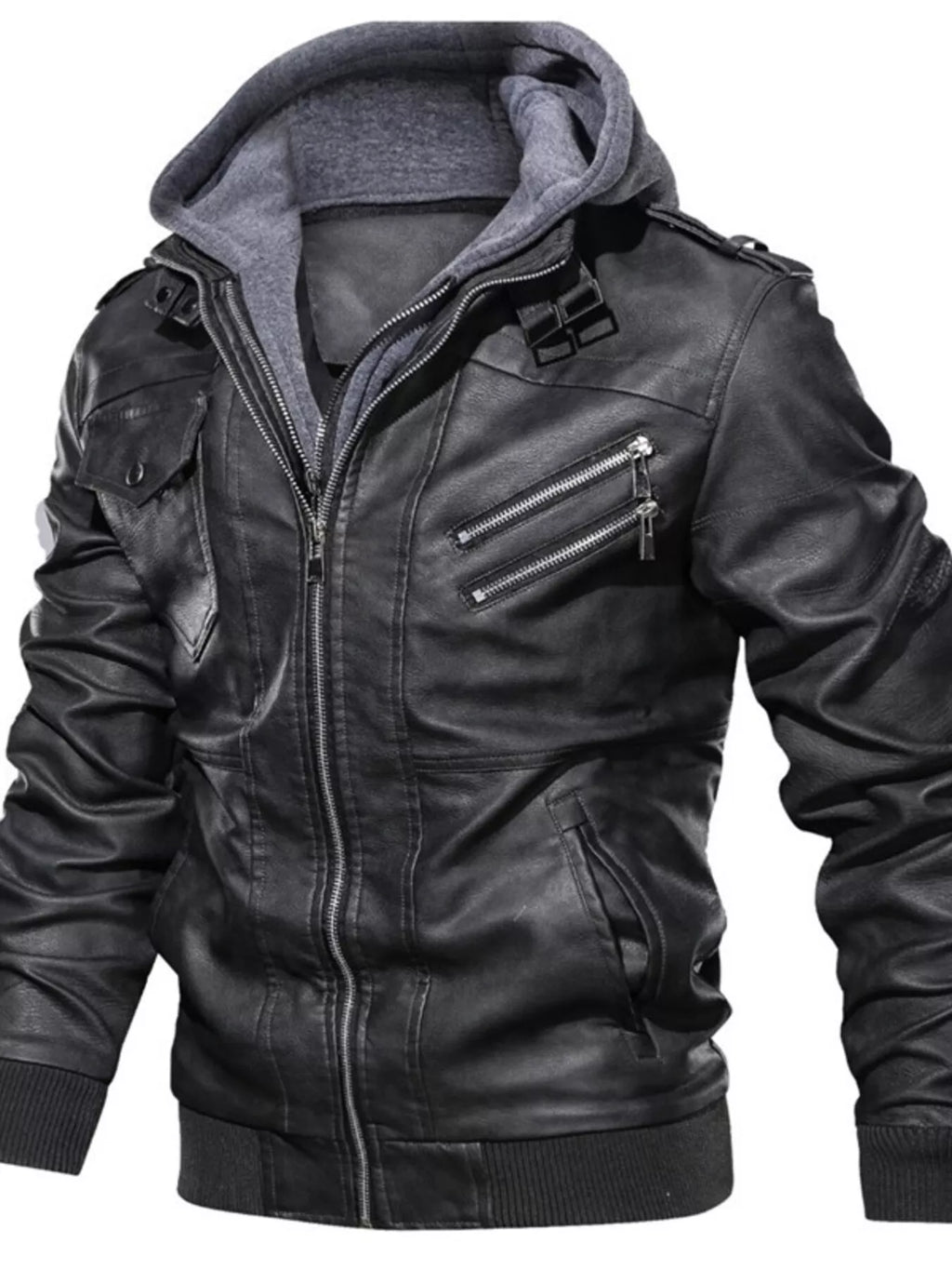 Men's Full Size Hooded Faux Leather Moto Jacket Plus Size