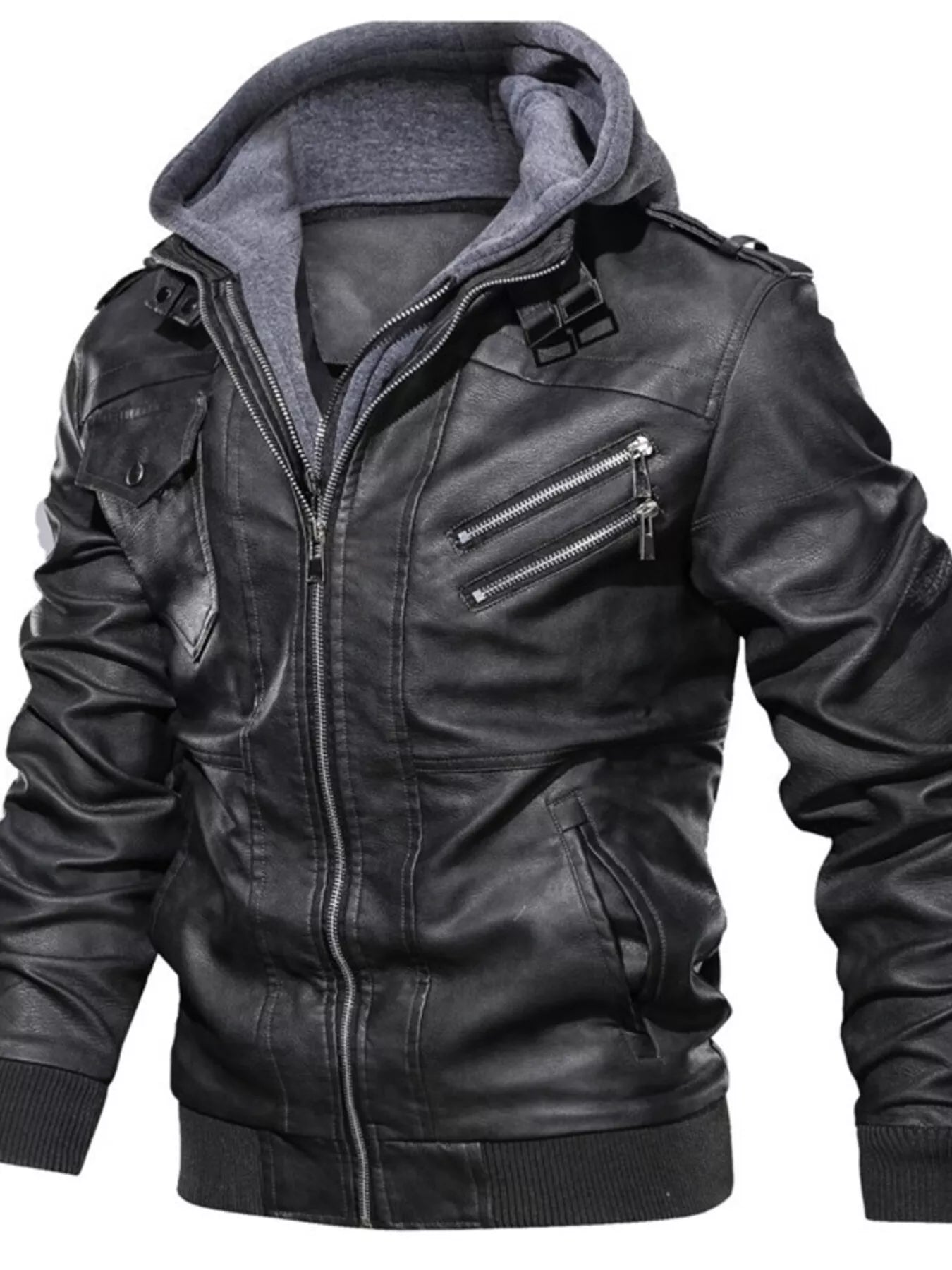 Men's Full Size Hooded Faux Leather Moto Jacket Plus Size