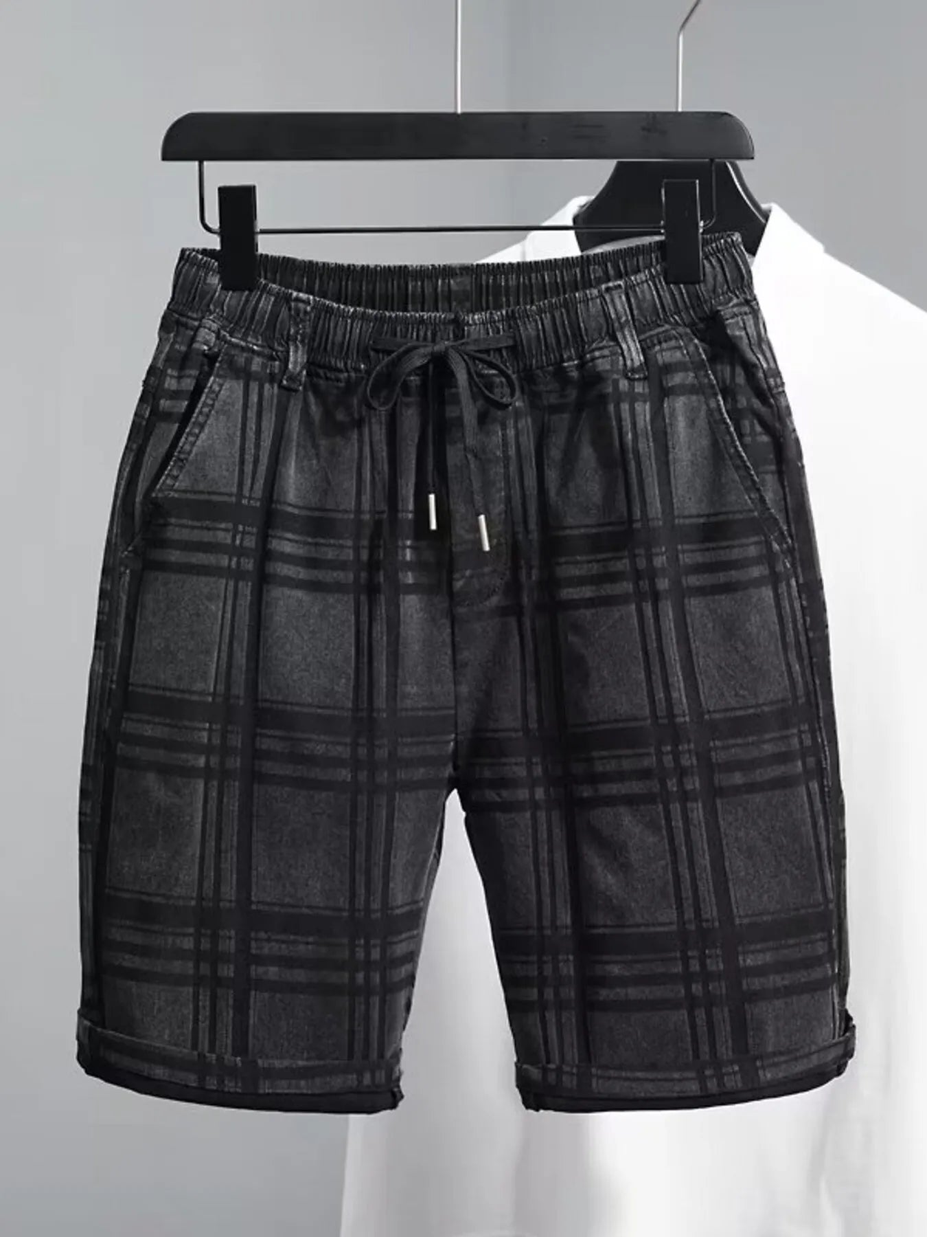 Men's Plus Size Plaid Pattern Elastic Waist Denim Shorts