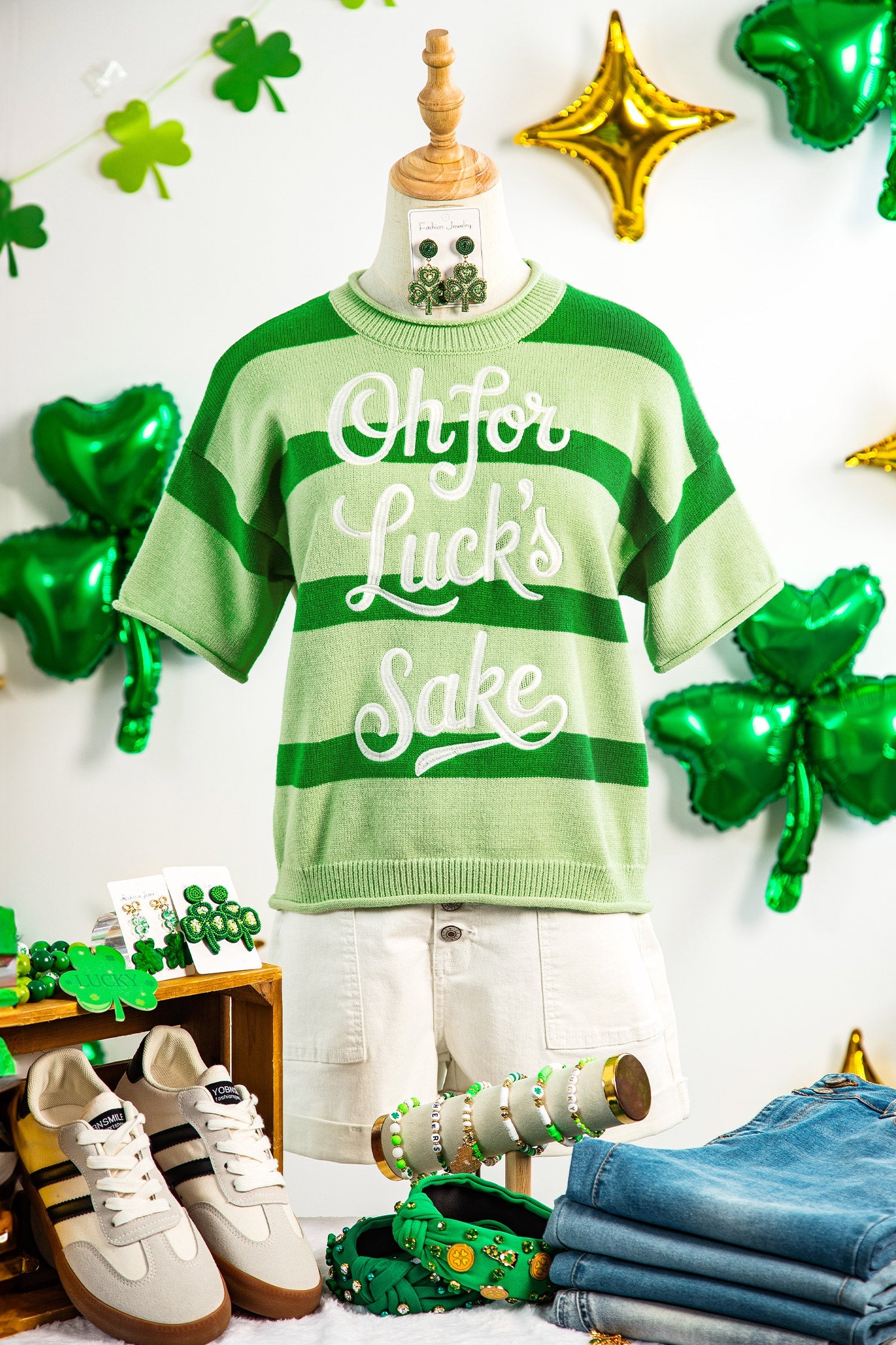 Green Stripe Oh for Lucks Sake St Patricks Day Short Sleeve Sweater