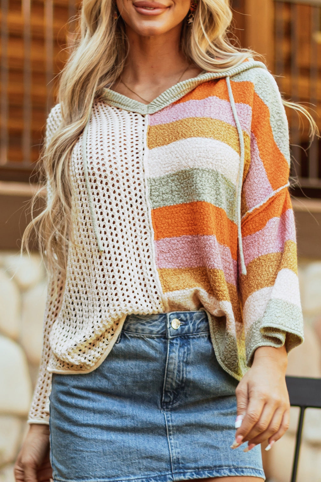 Beige Oversized Colorblock V Neck Hooded Sweater