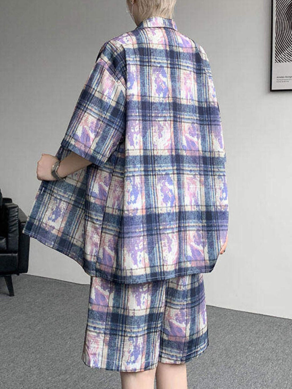 Men's Plus Size Casual Plaid Print Shirt & Shorts Set