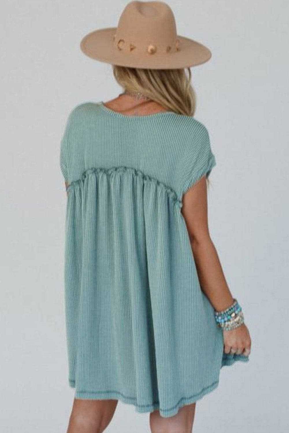 Canton Corded Knit Textured Patched Pocket Frilled Swing Mini Dress with Pockets