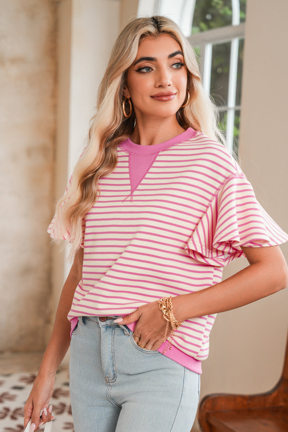 Bright Green Striped Ruffle Sleeve Round Neck Top