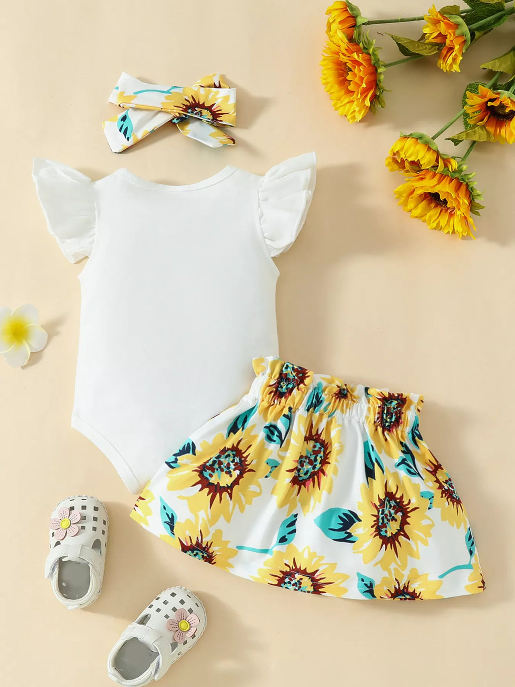 Children's Ruffled Bodysuit and Sunflower Skirt Set with Headband