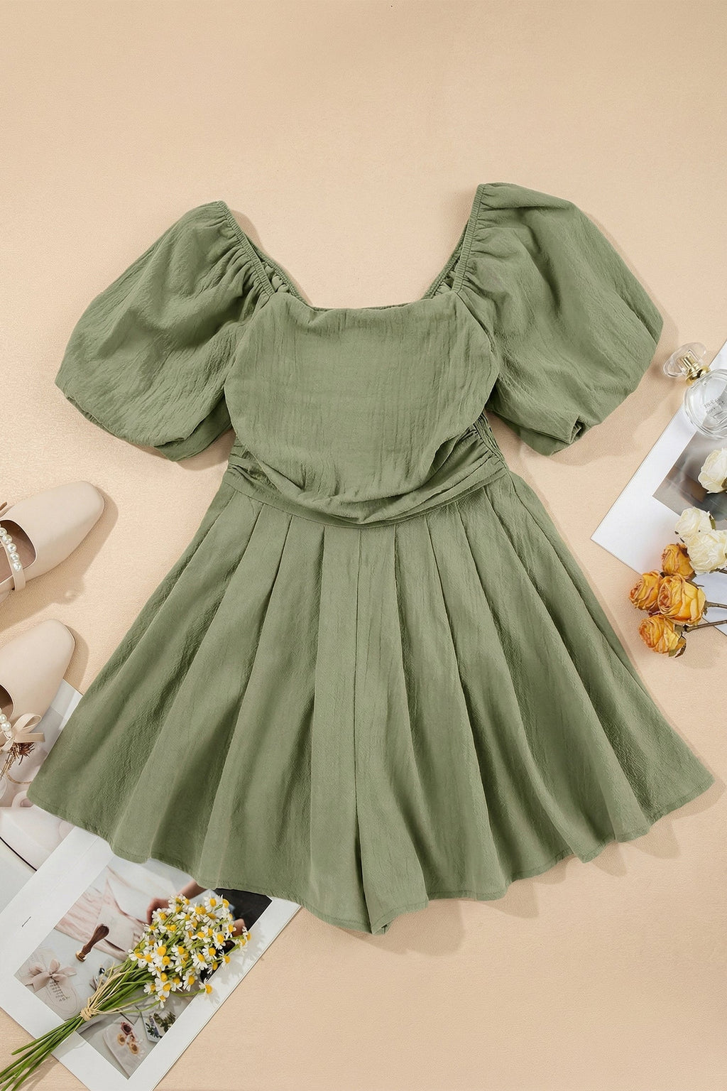 Jungle Green Square Neck Ruched Puff Sleeve Romper