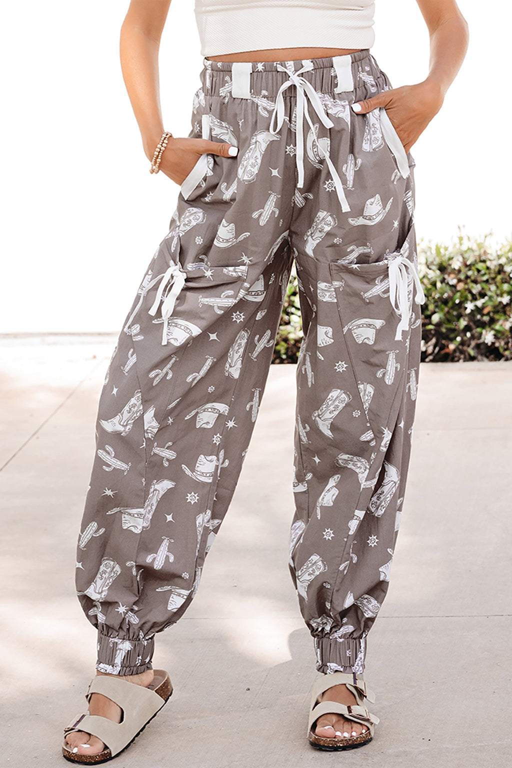 Khaki Western Cactus Cowgirl Hat Boot Printed Vintage Drawstring Jogger Pants